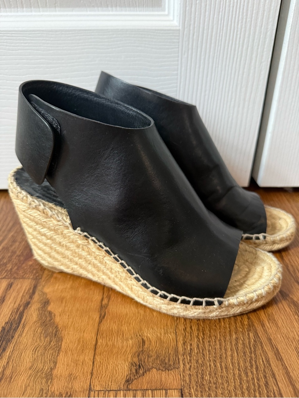 Celine Black Leather Espadrille Wedge Sandals